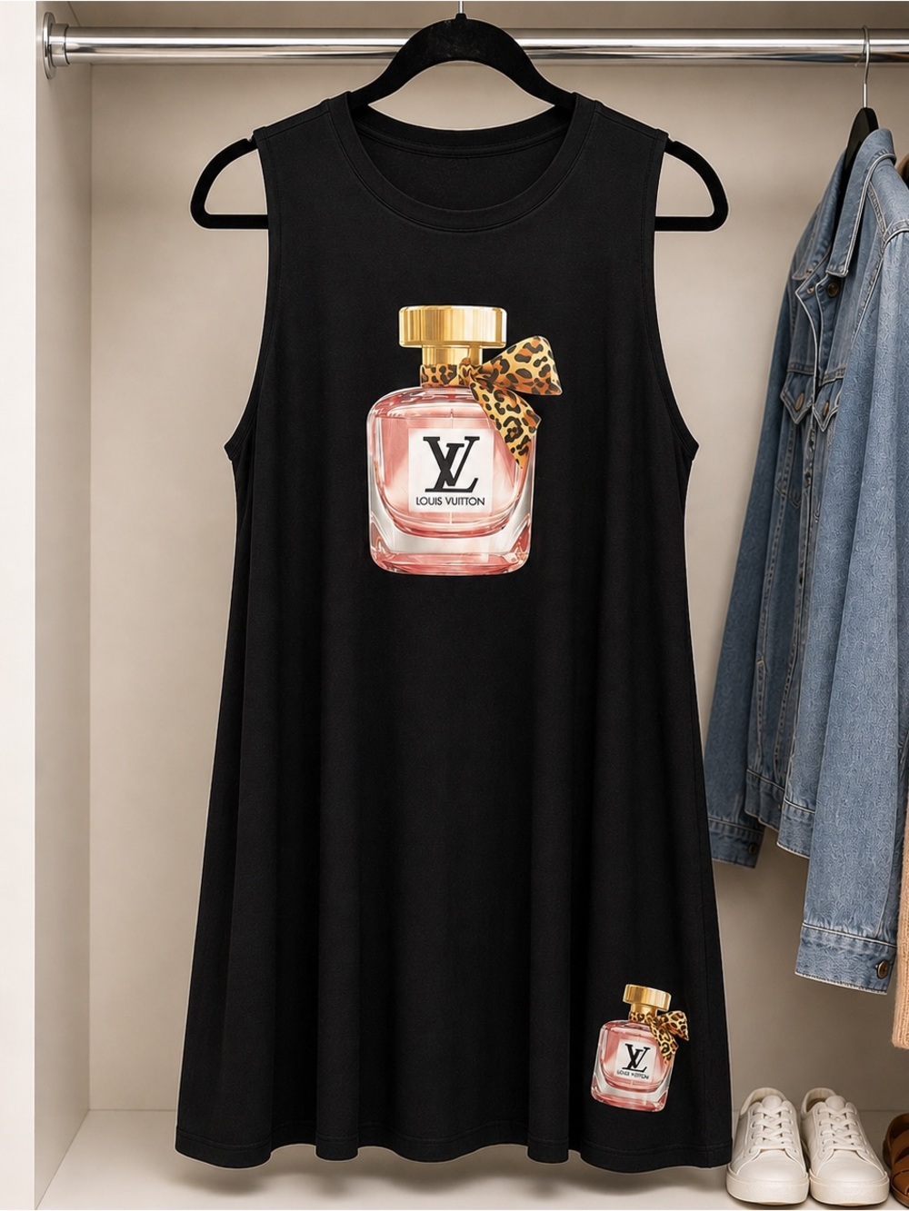 Black Plus Size Sleeveless Dress with Pockets and Perfume Graphic
